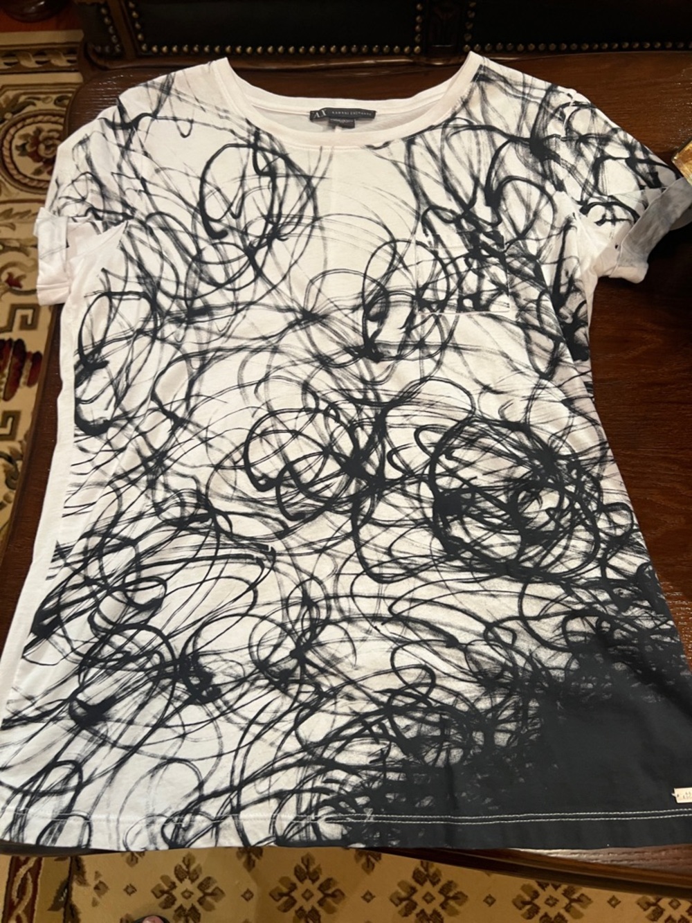 Armani Exchange White Tee with Black Scribble Graphic